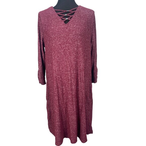 Apt. 9 Long Sleeve Burgundy Knit XL Dress With Crisscross Neckline & Pockets Com - Picture 1 of 8